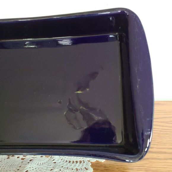 Vintage Ceramic Pottery ~13x9 Baking Dish Handmade Cobalt Blue Glazed Baking Pan - Picture 4 of 16